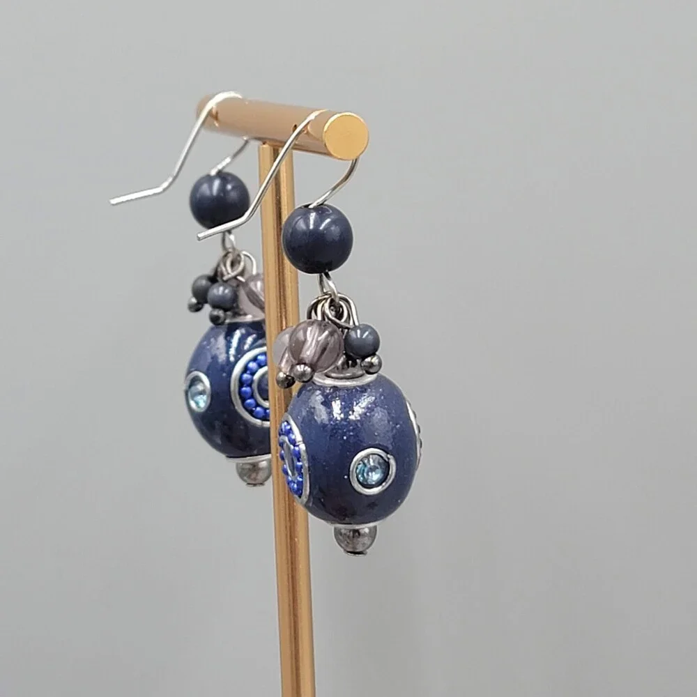 Blue Bead Pierced Earrings Crystal Silver tone Dangle 1.25 in - Picture 7 of 8